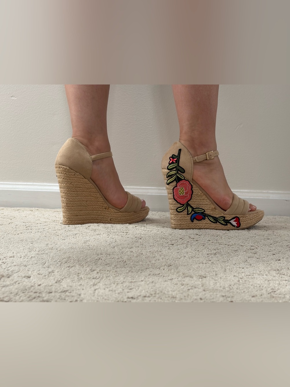 Wild Diva Beige Espadrille Wedge Sandals with Multicolor Floral Embroidery